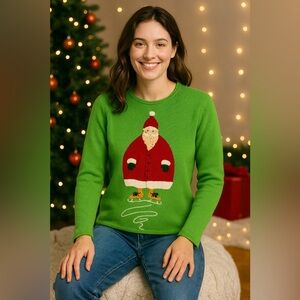 Vintage Susan Bristol Hand-Embroidered Roll Neck Santa Skating Sweater Sz Medium